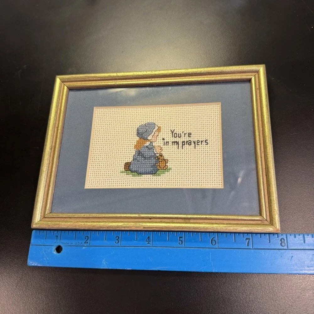 Vintage Blue Needlepoint ‎ Wall Art Decor Praying Girl 
